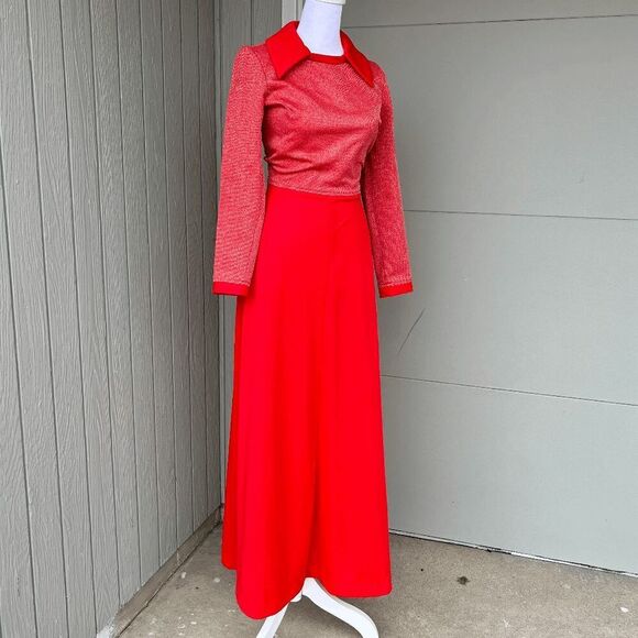 Vintage 1970s Red Glitter Knit Maxi Dress Dramatic Collar Disco XS/S - Picture 2 of 9